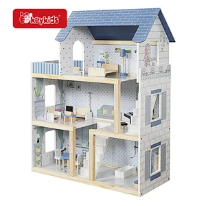 New W06A413H Pretend Play Wooden Dollhouse Set for Boys DIY Model Toy with Plastic Furniture Accessories Children's Style