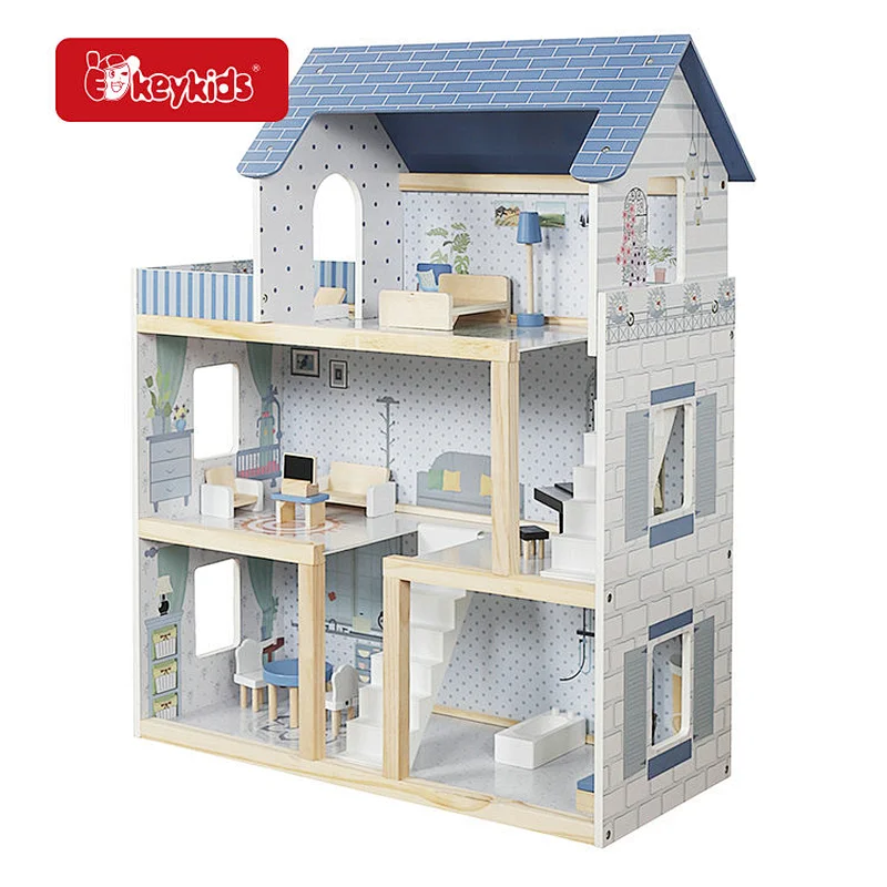 New W06A413H Pretend Play Wooden Dollhouse Set for Boys DIY Model Toy with Plastic Furniture Accessories Children's Style
